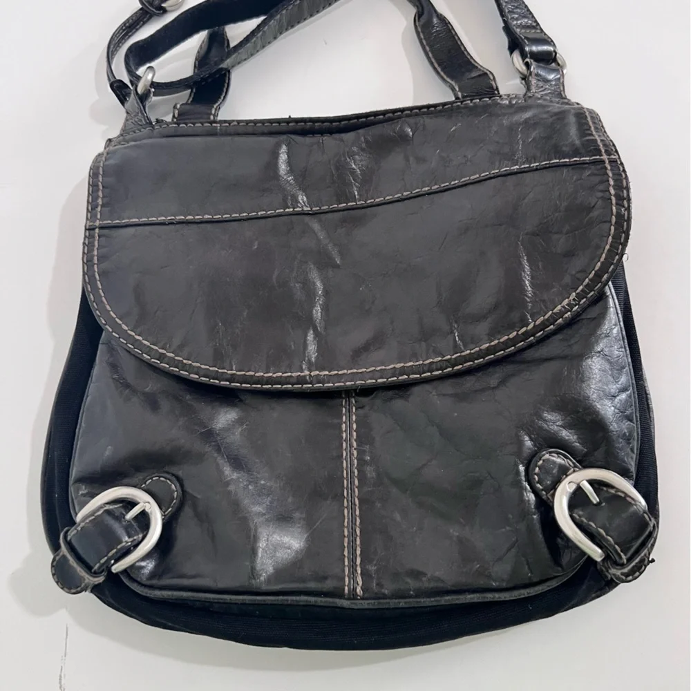Fossil Black Leather & Canvas Messenger Crossbody Bag Purse Unisex
